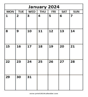 January 2024 printable calendar